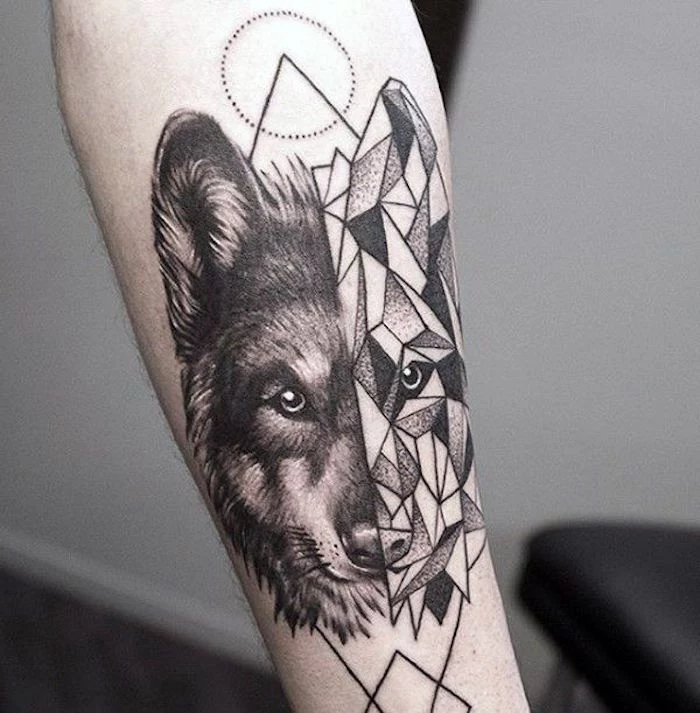 half geometrical wolf head, chest tattoos for females, forearm tattoo