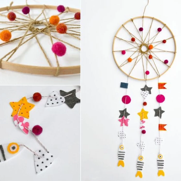 colourful dreamcatcher, made with pom poms, paper stars and fish, preschool learning activities