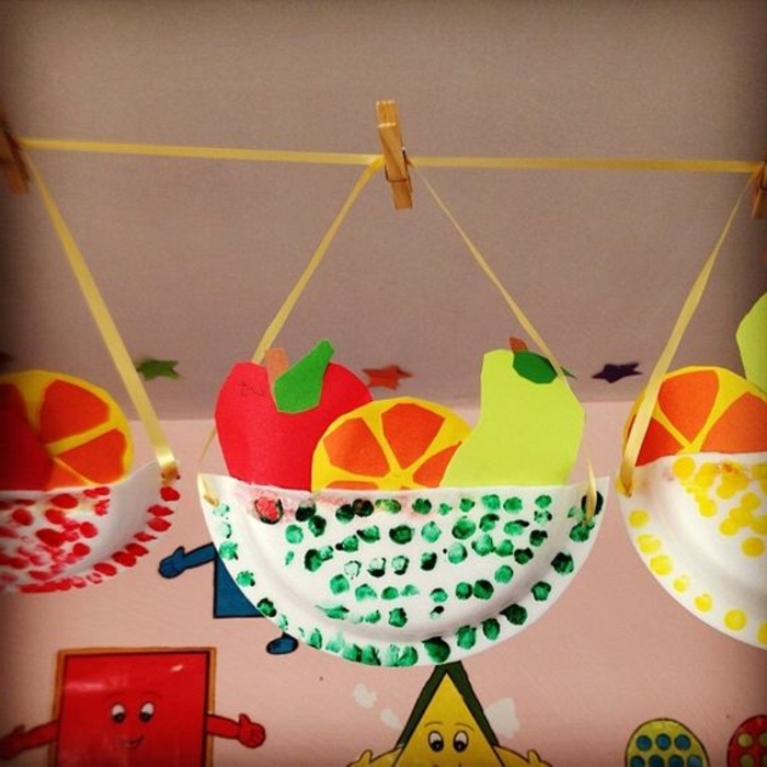 paper fruits, in a basket made of paper plates, preschool learning activities, hanging on yellow ribbon