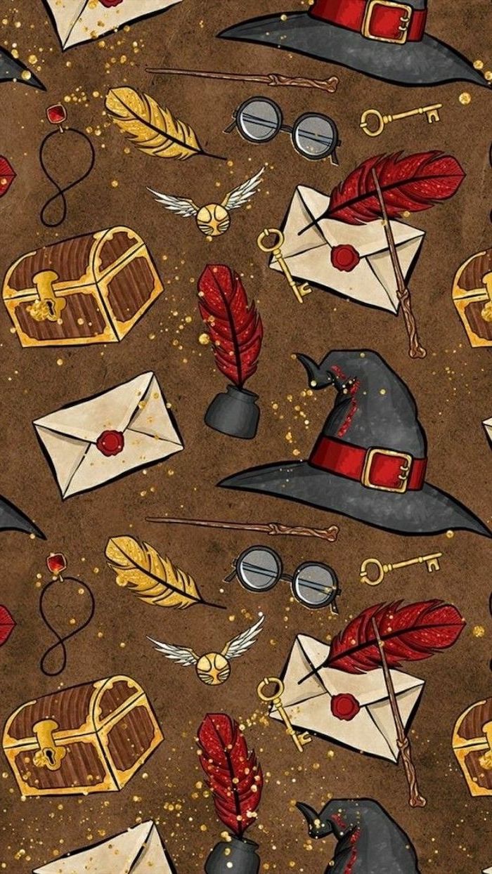 harry potter inspired, kawaii background, magical objects, on a brown background