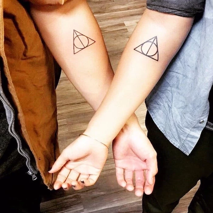 his and hers tattoos, deathly hallows, harry potter inspired, forearm tattoos