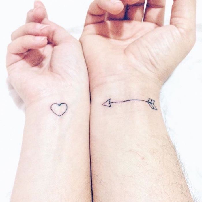heart and arrow, wrist tattoos, husband wife tattoos, white background