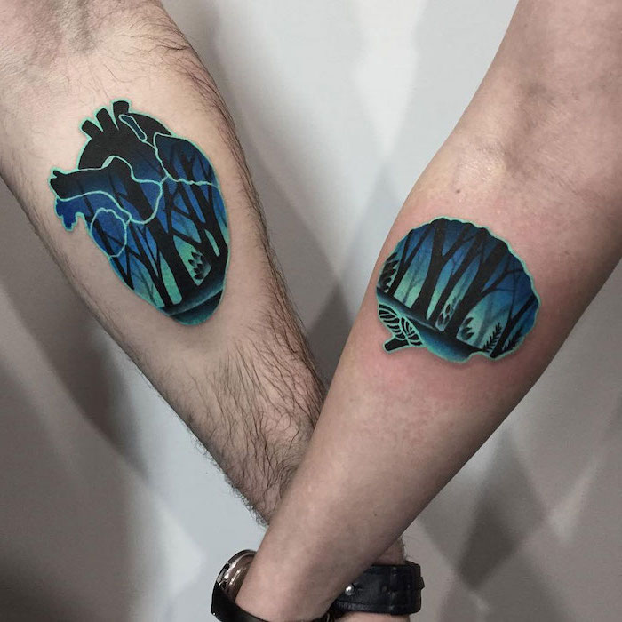 brain and heart, forest landscape, his and hers tattoos, forearm tattoos