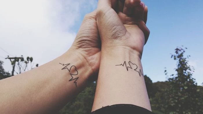 wrist tattoos, heart rate, couple tattoo ideas, holding hands, blue skies