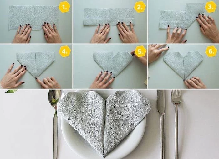 grey napkin, heart shaped, on a white plate, fancy napkin folding, diy tutorial, step by step