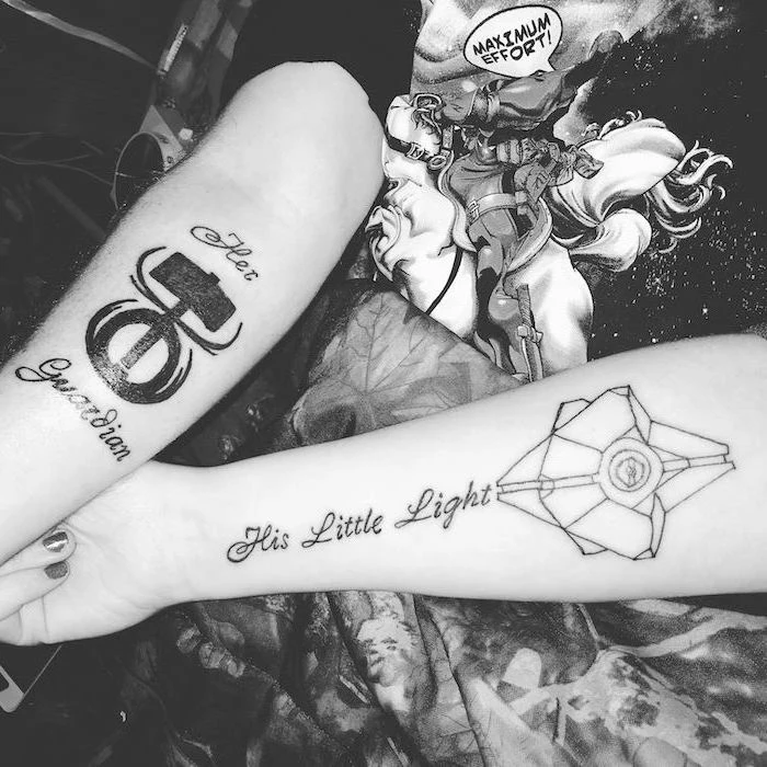 her guardian, his little light, matching tattoos for couples in love, black and white photo
