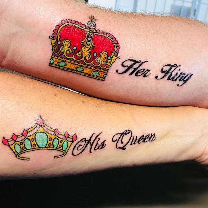her king, his queen, coloured crowns, matching tattoos for couples in love