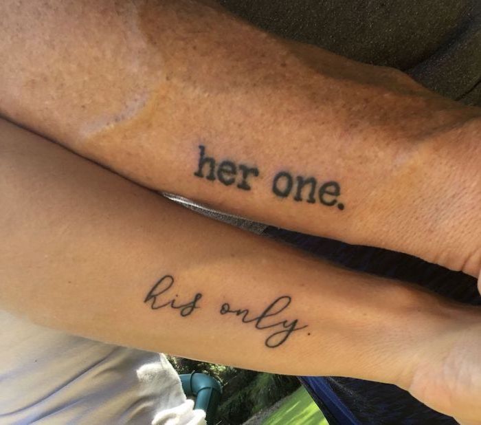 her one, his only, side arm tattoos, matching tattoos for couples in love, white top