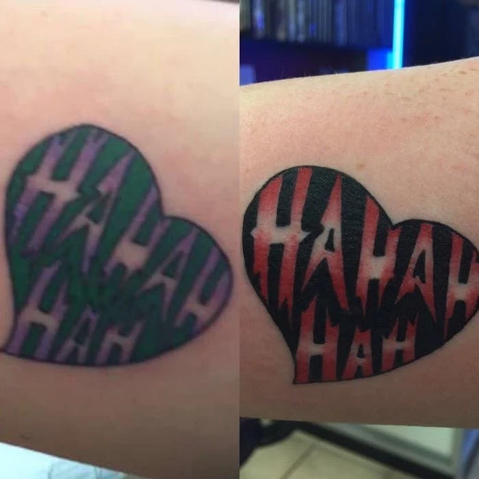 small matching tattoos, joker's laugh, inside a heart, green and purple, red and black