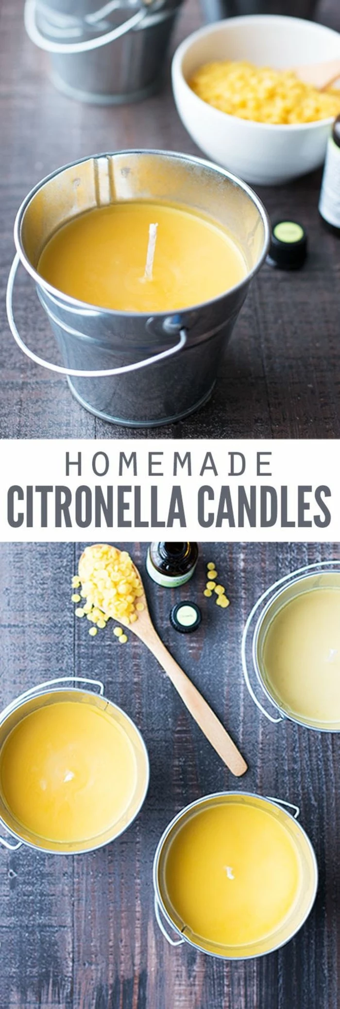 homemade citronella candles, how to make your own candles, yellow candle wax, inside a small bucket