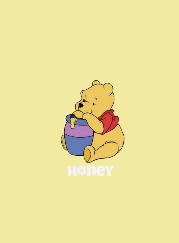 yellow background, cute girly wallpapers, winnie the pooh sitting, eating honey