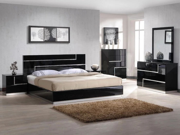 grey walls, black bed frame, black drawers and night stands, wooden floor, master bedroom decor