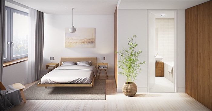 small master bedroom ideas, wooden bed frame, wooden floor, grey carpet, grey curtains