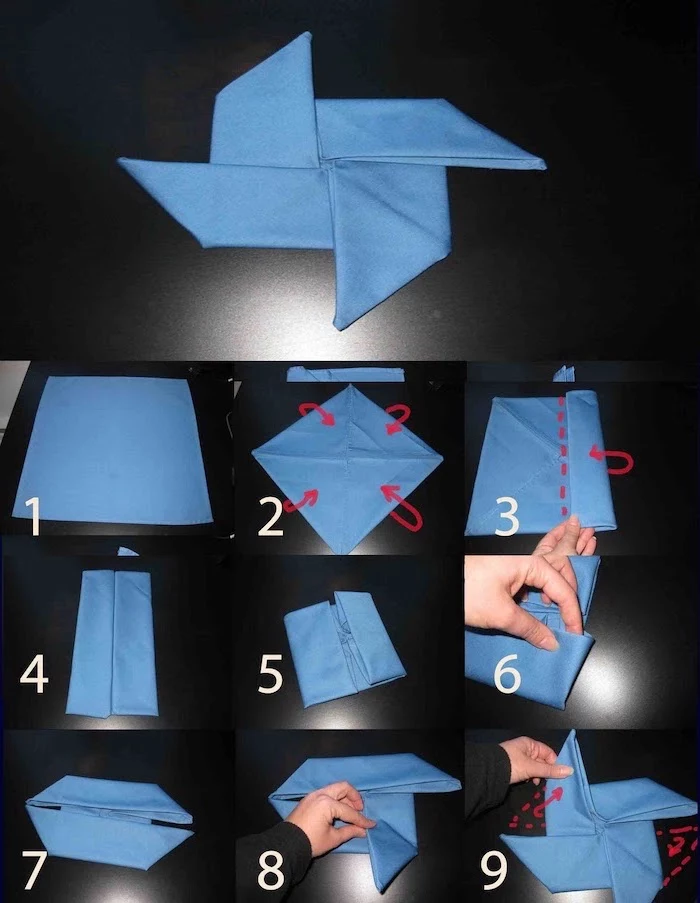 step by step, diy tutorial, blue napkin, folded in the shape of a fan, napkin folding with rings