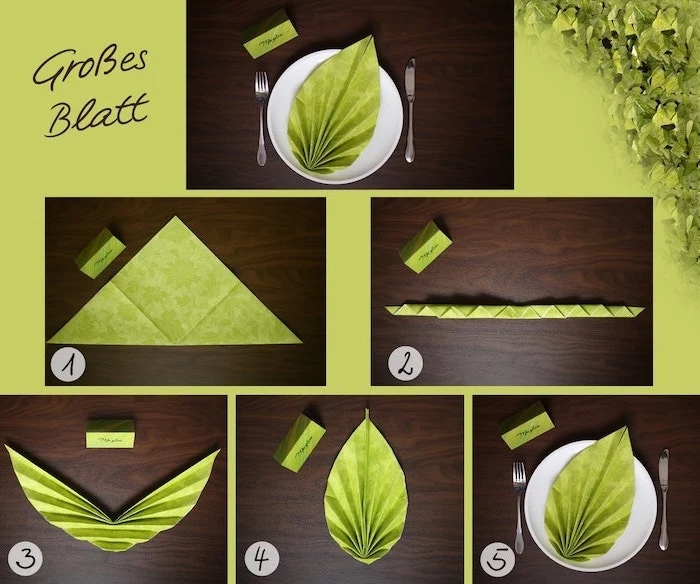 leaf shaped, green napkin, diy tutorial, napkin folding with rings, step by step
