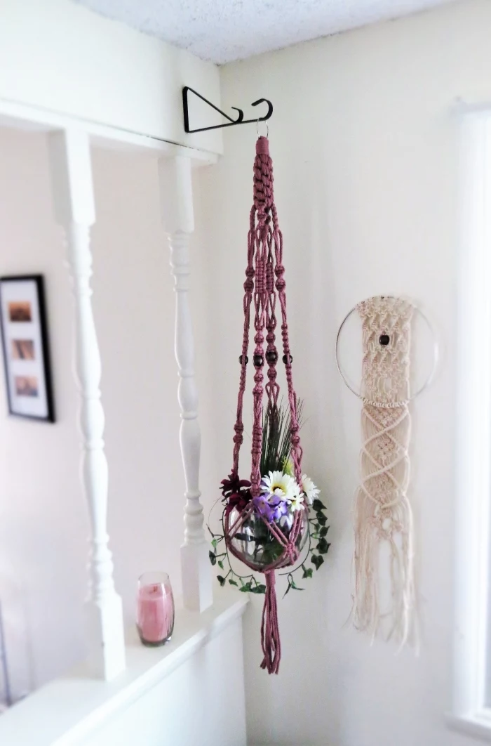 purple plant hanger, how to make macrame wall hanging, white walls, flower bouquet