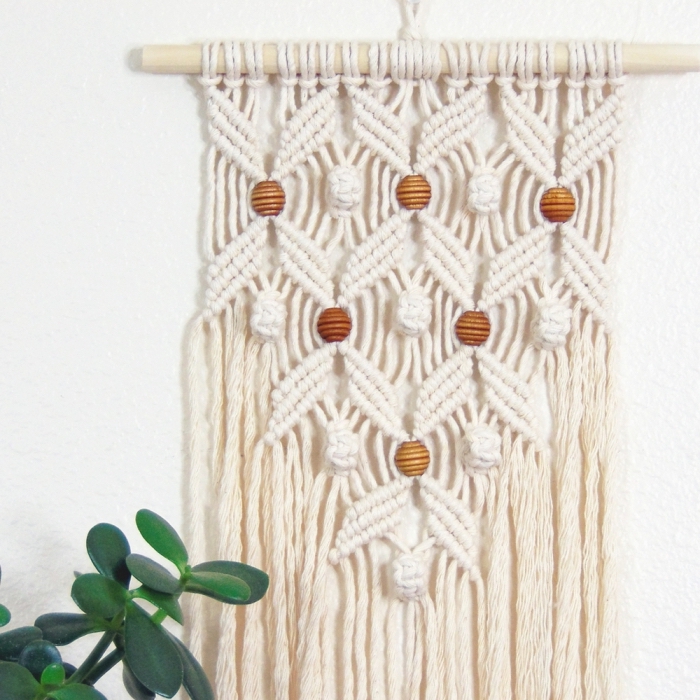 potted succulent, how to make macrame wall hanging, white wall, wooden beads