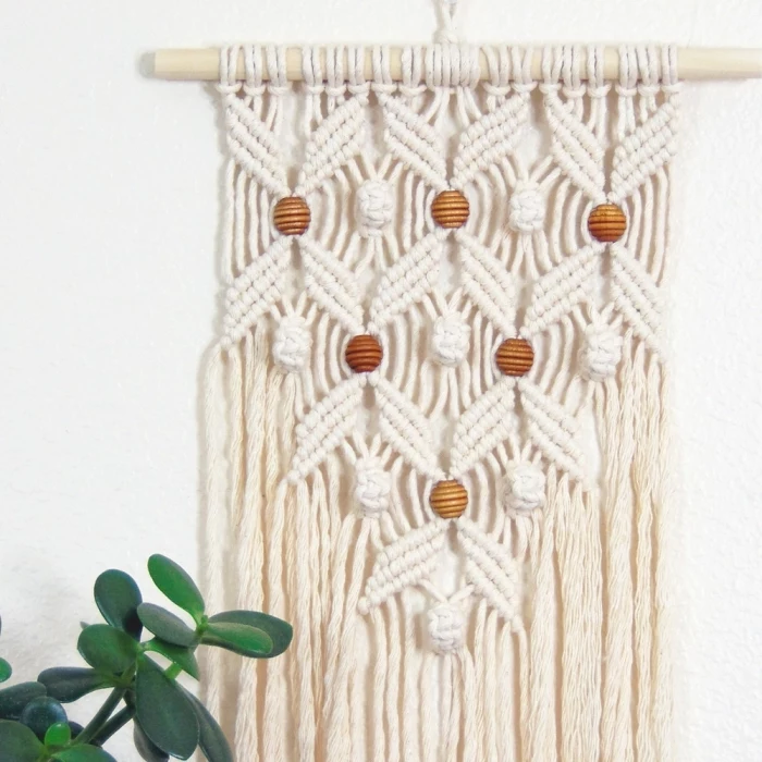 potted succulent, how to make macrame wall hanging, white wall, wooden beads