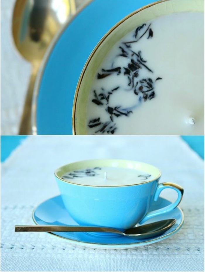 small blue teacup and plate, how to make a candle wick, white candle wax inside, white table runner