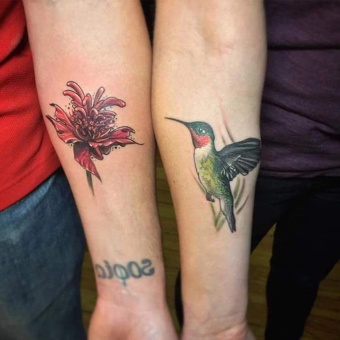hummingbird and flower, forearm tattoos, small matching tattoos