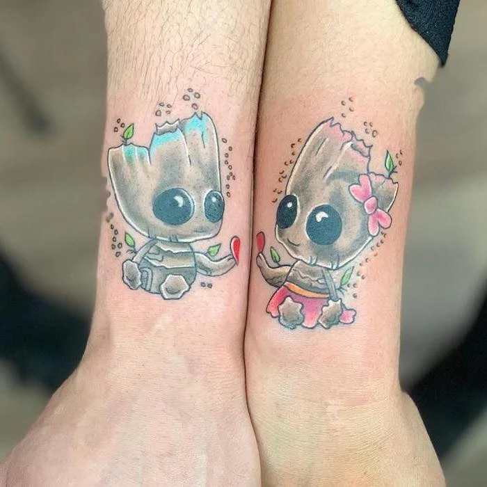 baby groot and girl, arm tattoos, couple tattoo ideas, coloured tattoo