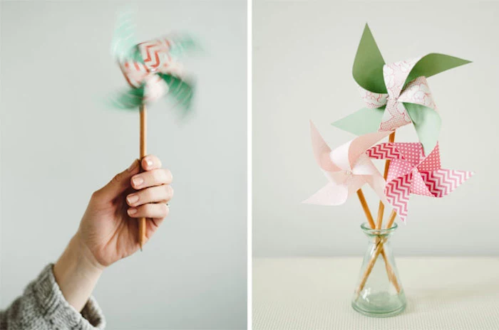 glass vase filled with paper fans, side by side photos, fun indoor activities for kids