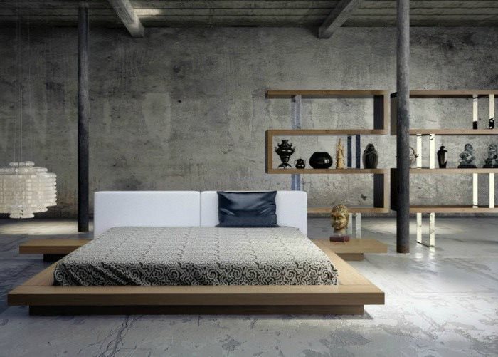 industrial style, wooden bed frame, small master bedroom ideas, wooden bookshelves, grey floor