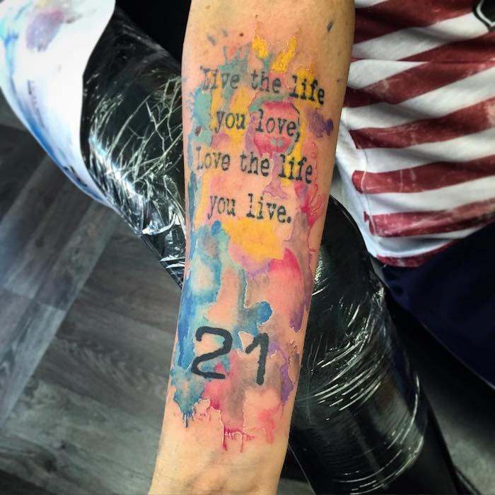 watercolour tattoo, inspirational quote, simple tattoos for men, number twenty one