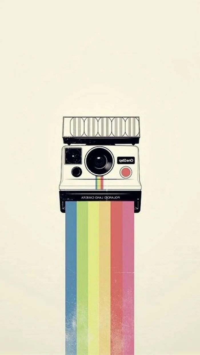 instagram inspired, vintage polaroid camera, with a rainbow, cute girly wallpapers