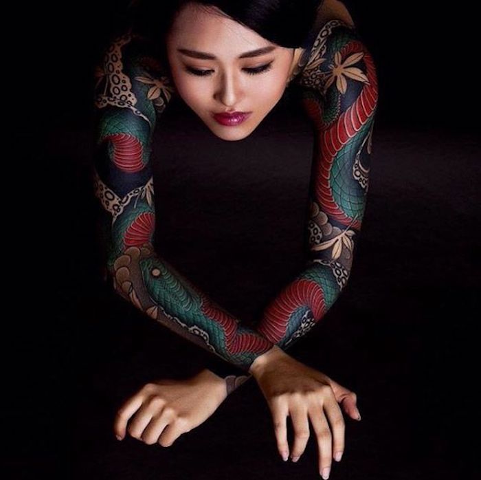 leg tattoos for women, japanese dragon, both arm sleeves tattoo, black background