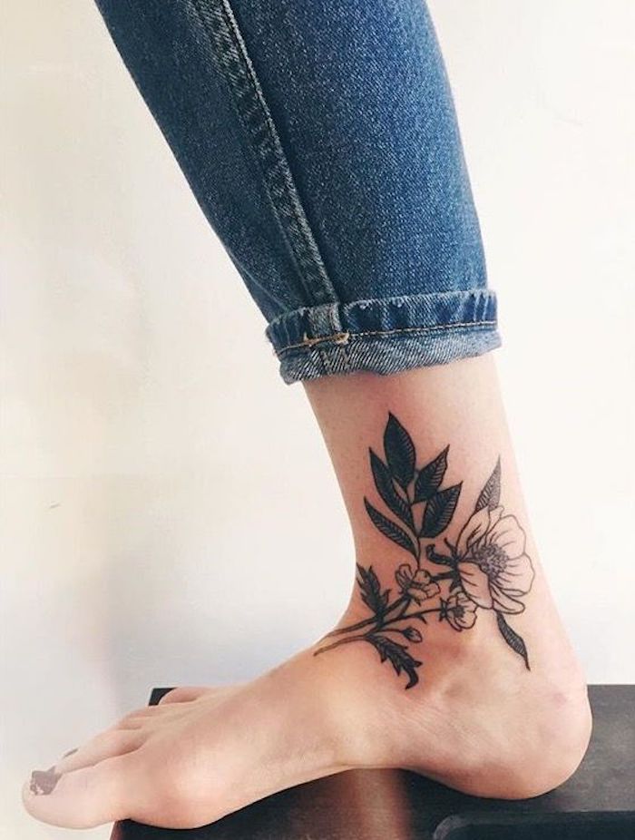 flower ankle tattoo, leg tattoos for women, purple nail polish, white background