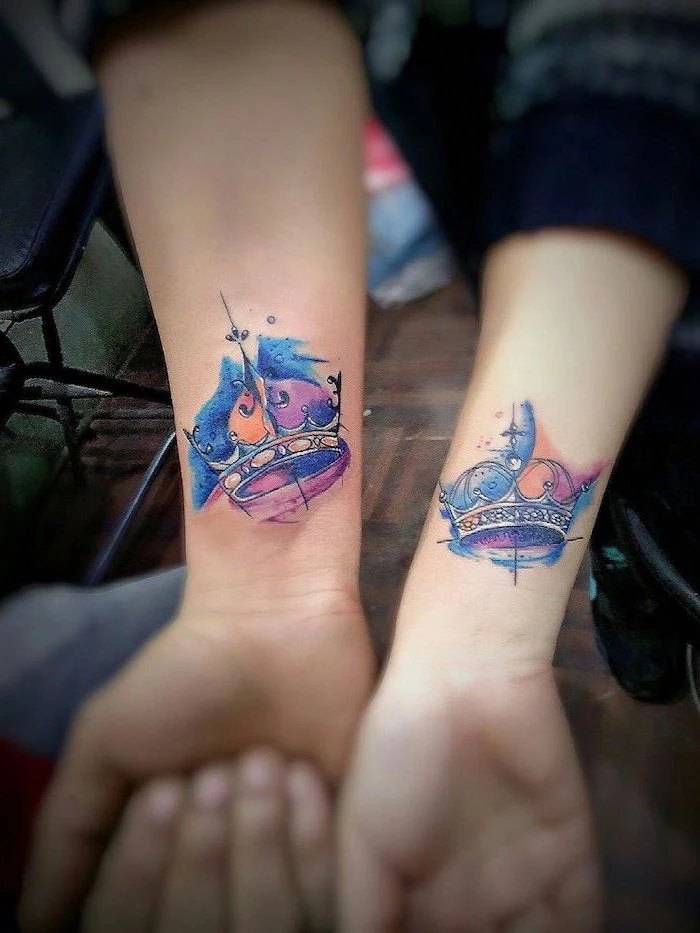 watercolour crowns, couple tattoo ideas, king and queen, wrist tattoos