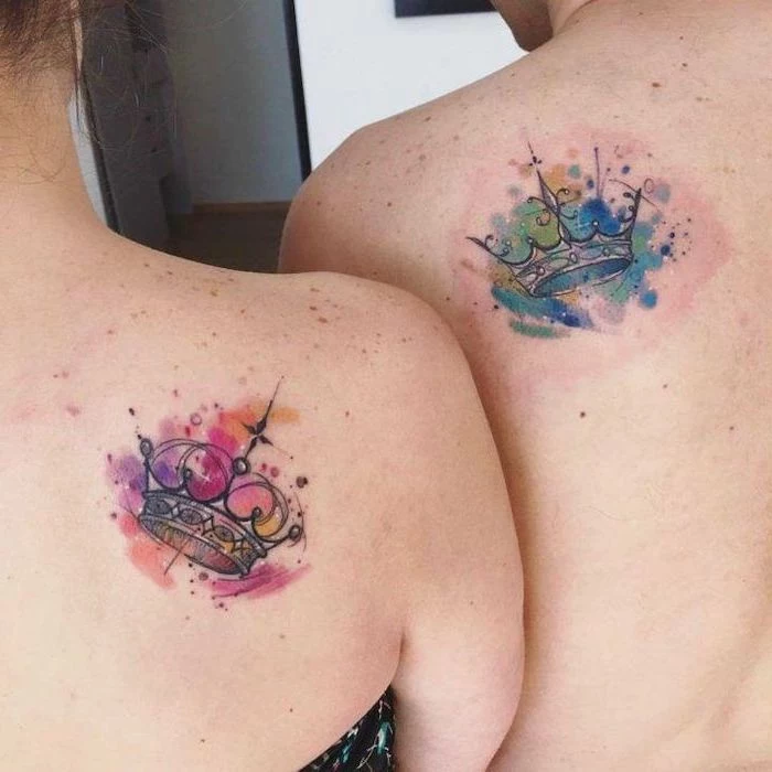 soulmate tattoos, king and queen, watercolour crowns, shoulder tattoos