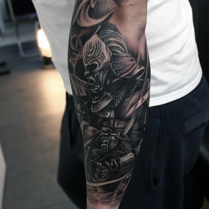 knight in armour, forearm sleeve, simple tattoos for men, white shirt, navy pants