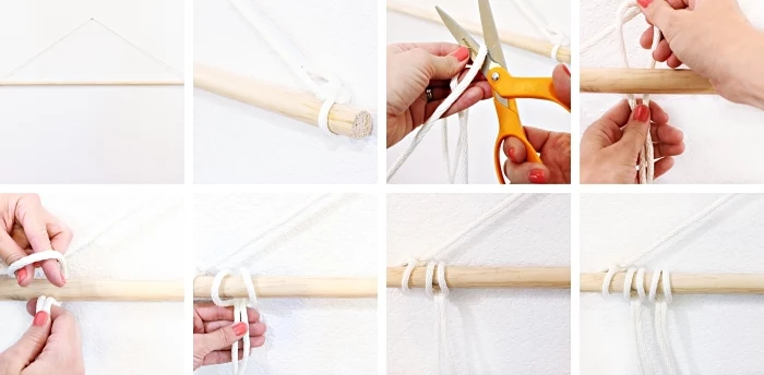 step by step, diy tutorial, woven wall hanging, white macrame, orange scissors