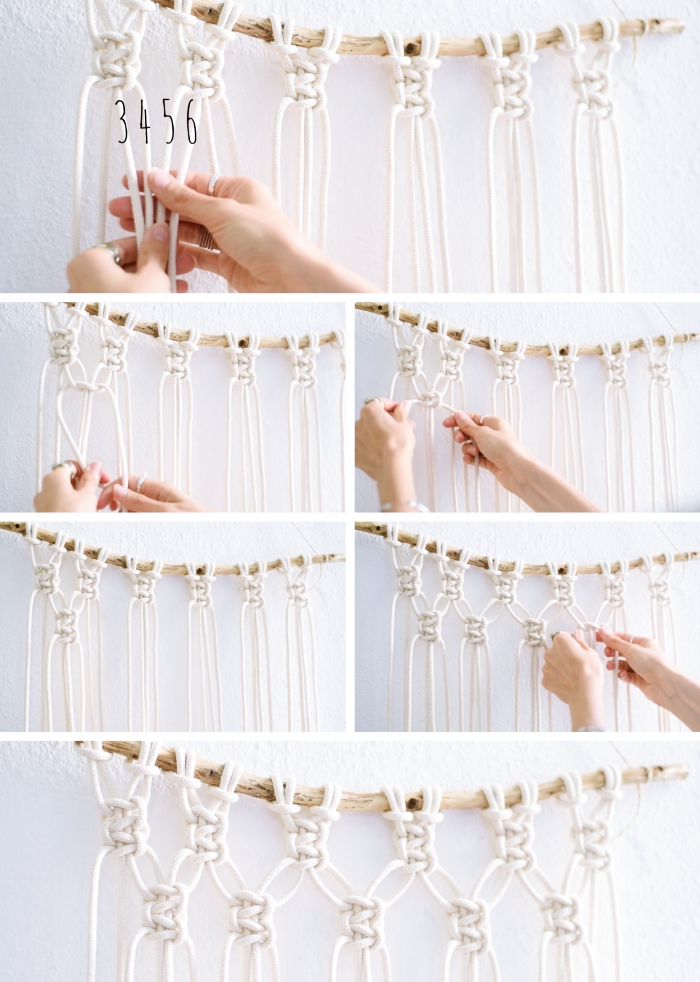 step by step, diy tutorial, macrame patterns, woman knotting, white wall