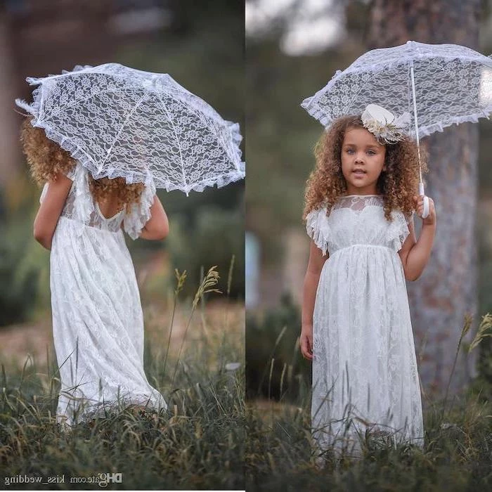 vintage white lace umbrella, white lace dress, brown curly hair, small white hat, flower girl hair