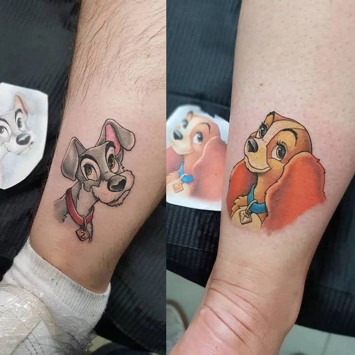 lady and the tramp, back of leg tattoos, soulmate tattoos, side by side photos