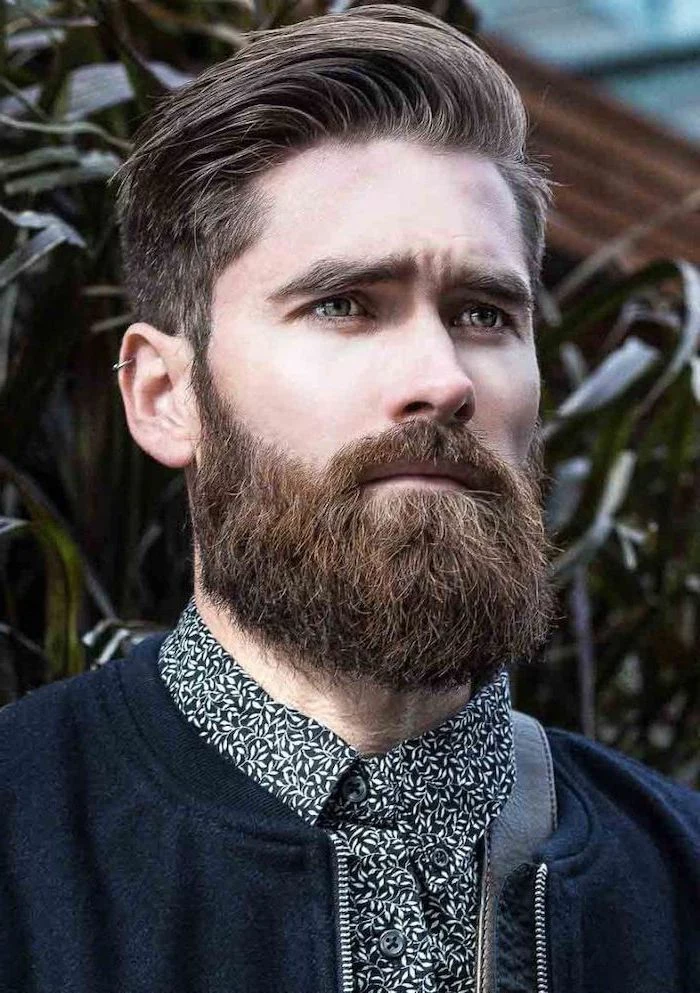 brown hair and beard, hair styles for men, black jacket, black and white shirt