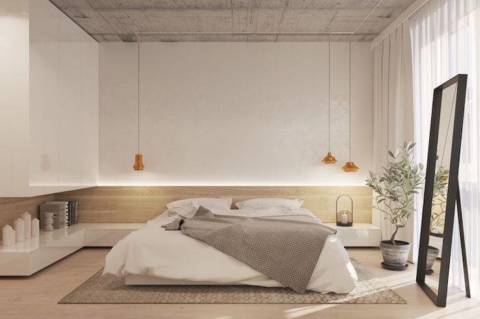 white walls, led lights, master bedroom decor, wooden floor, tall mirror, hanging lamps
