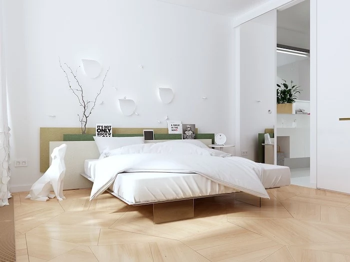 wooden floor, small master bedroom ideas, white walls, tall mirror, wooden bed frame