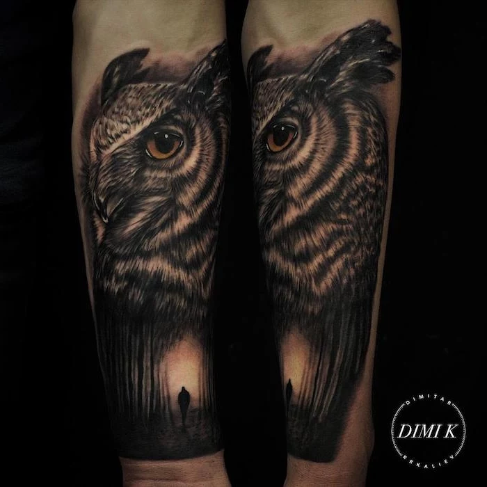 large owl head, man walking through a forest, arm tattoos for men, black background