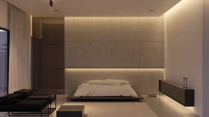 grey walls, led lights, wooden floating bed, black armchairs, master bedrooms, white walls