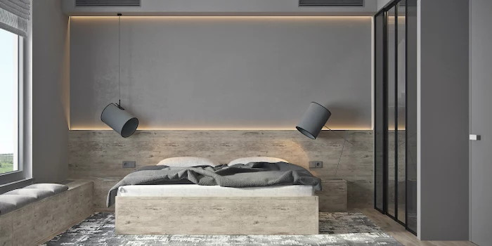 grey walls, led lights, master bedrooms, wooden bed frame, black and white carpet