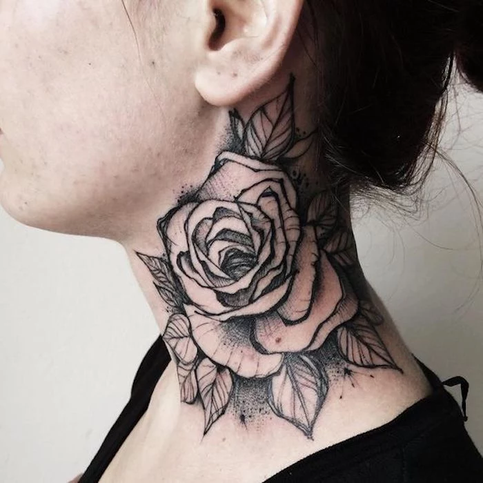 tattoo ideas with meaning, large rose, neck tattoo, white background, black top