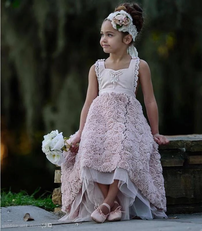 girl sitting on a wooden bench, wearing a light purple dress, lace roses, little girl dresses, pink shoes