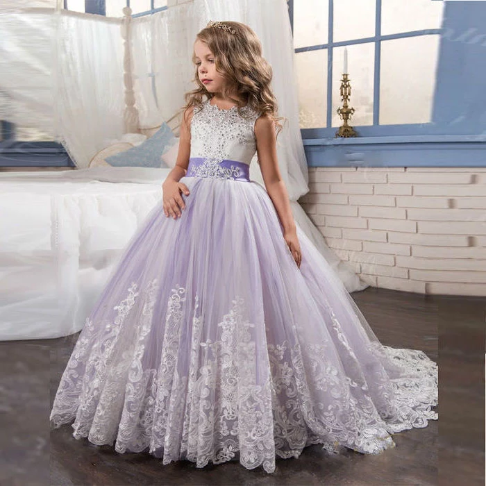 ivory flower girl dresses, purple tulle, white lace, long dress, wooden floor, blonde wavy hair