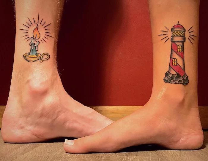 candle light and lighthouse, ankle tattoos, soulmate tattoos, wooden floor