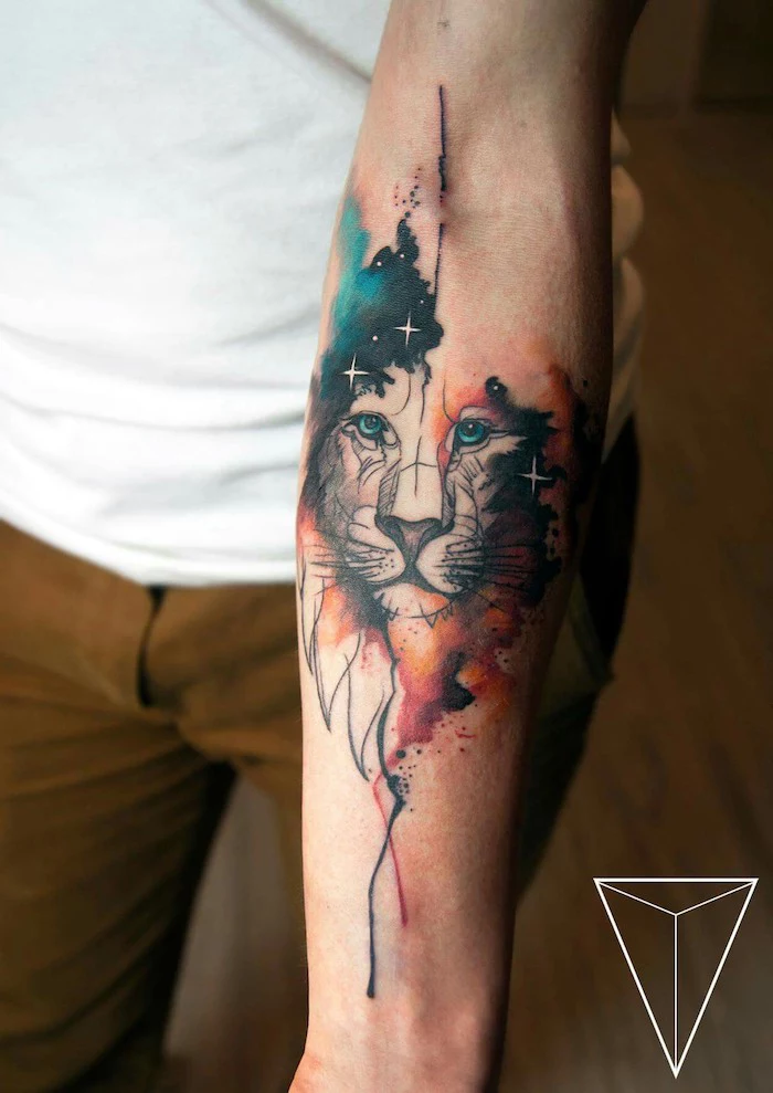 forearm sleeve tattoo, watercolour lion head, white shirt, khaki pants