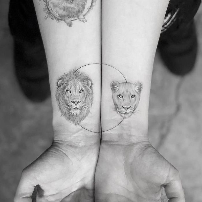 lion and lioness, wrist tattoos, soulmate tattoos, black and white tattoos